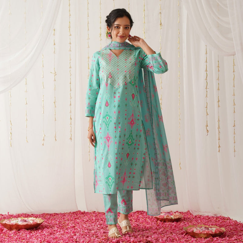 Turquoise Yoke Embroidered Kurta Pant Set with Dupatta