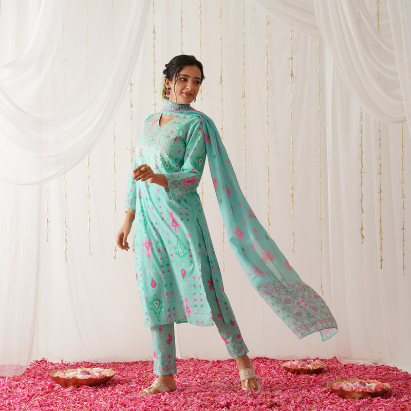 Turquoise Yoke Embroidered Kurta Pant Set with Dupatta