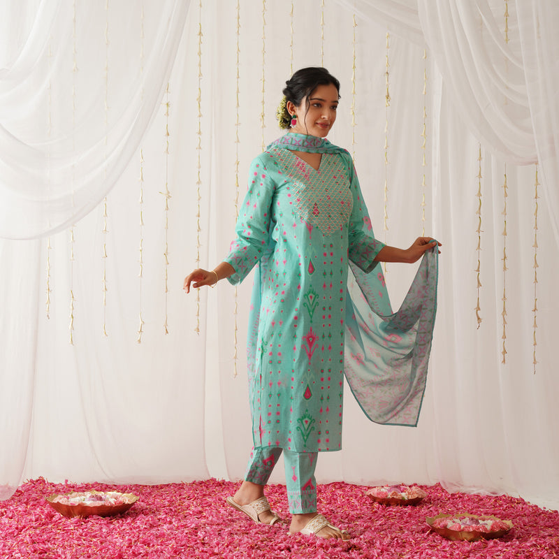 Turquoise Yoke Embroidered Kurta Pant Set with Dupatta