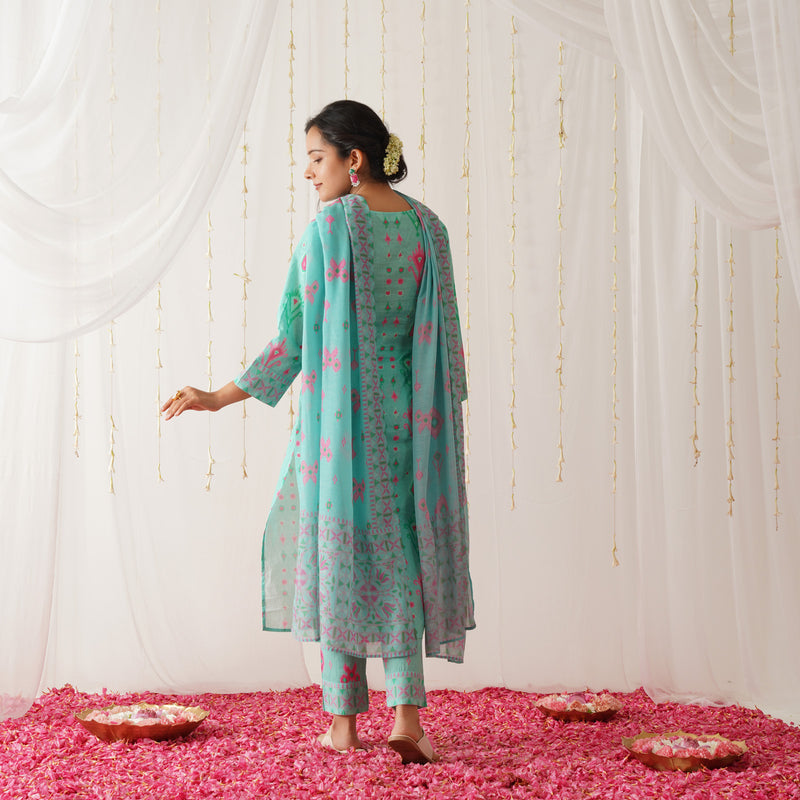 Turquoise Yoke Embroidered Kurta Pant Set with Dupatta