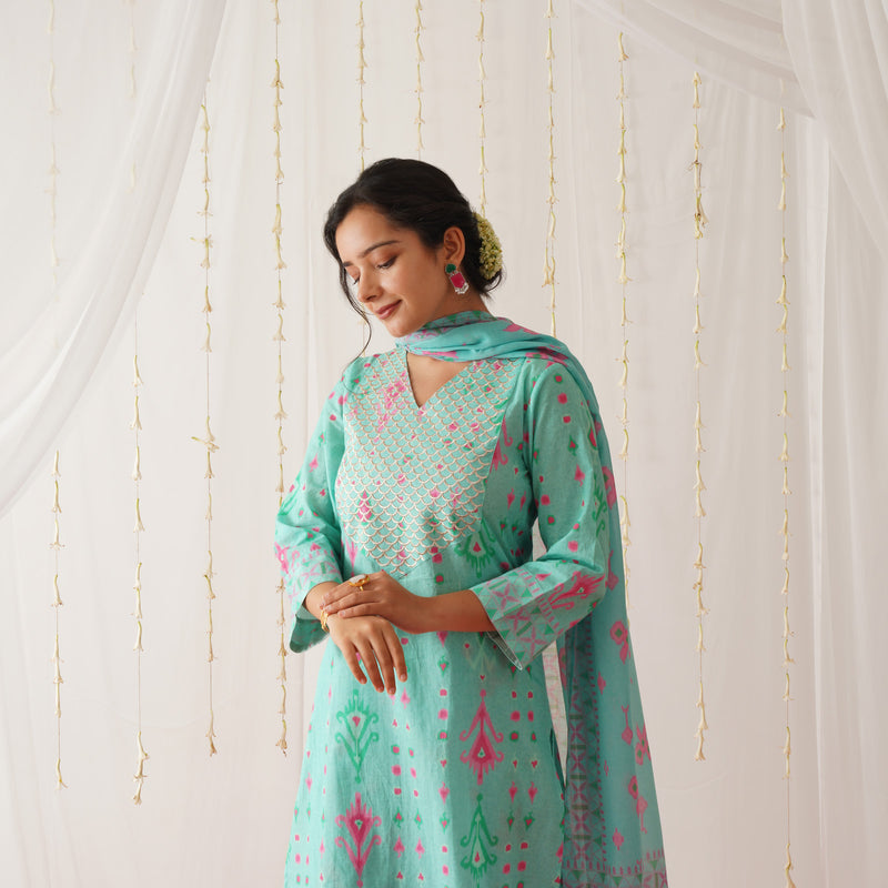 Turquoise Yoke Embroidered Kurta Pant Set with Dupatta