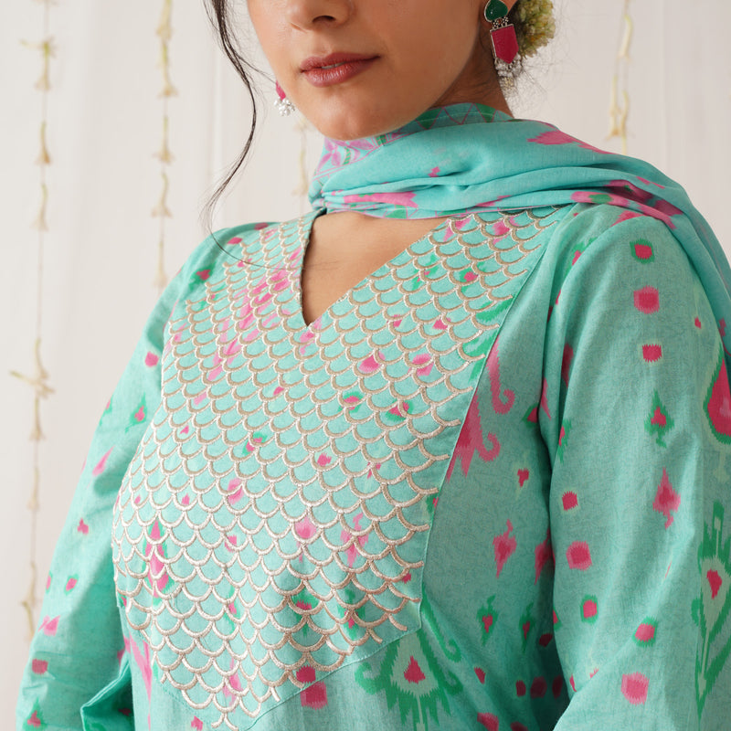 Turquoise Yoke Embroidered Kurta Pant Set with Dupatta