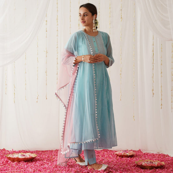 Sky Blue Embroidered Chanderi Kurta Pant Dupatta Set with Gota Detailing