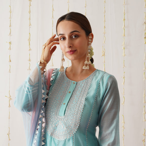 Sky Blue Embroidered Chanderi Kurta Pant Dupatta Set with Gota Detailing