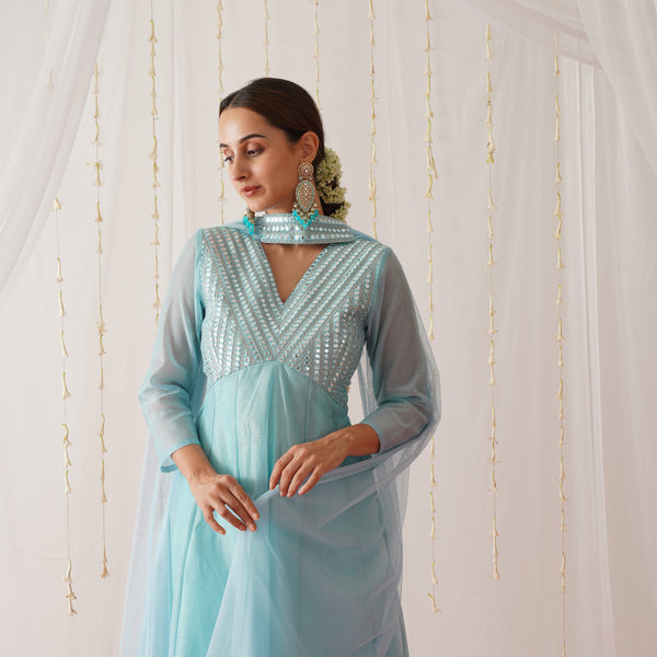 Sky Blue Chanderi Kurta Pant Dupatta Set with Sequins Work