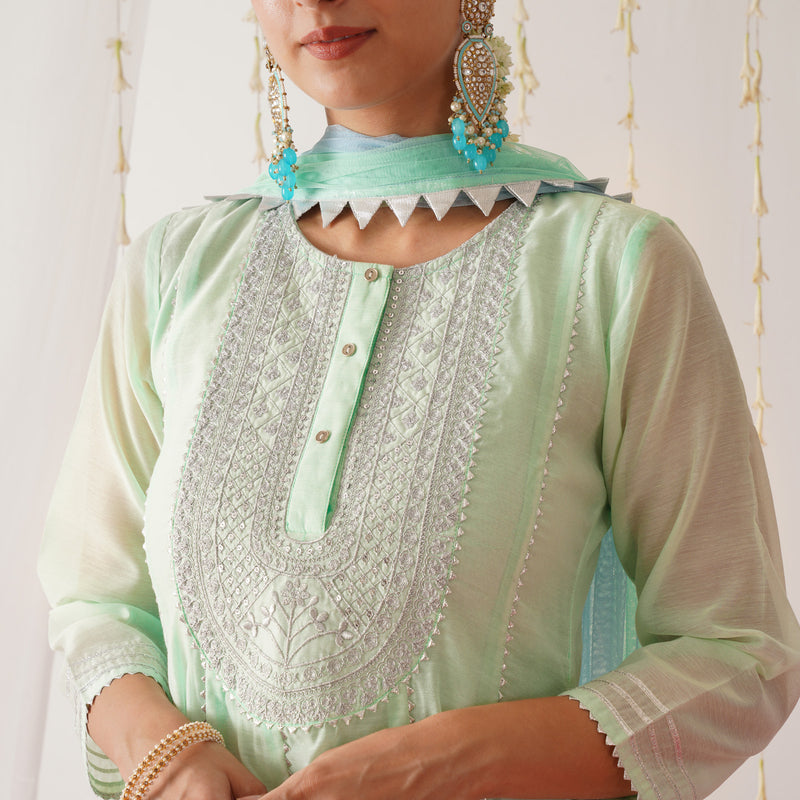 Pastel Green Embroidered Chanderi Kurta Pant Dupatta Set with Gota Detailing