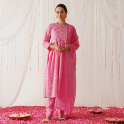 Pink Ikat Inspired Kurta Pant Set with Dupatta