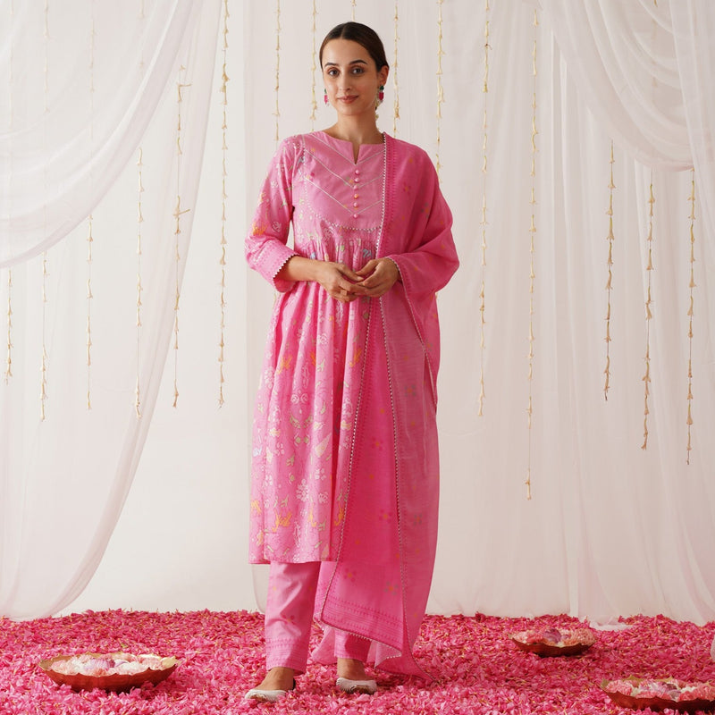 Pink Ikat Inspired Kurta Pant Set with Dupatta