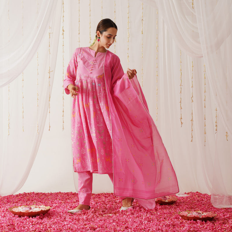 Pink Ikat Inspired Kurta Pant Set with Dupatta
