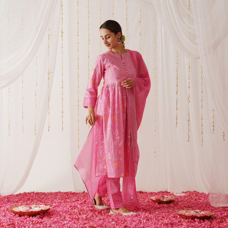 Pink Ikat Inspired Kurta Pant Set with Dupatta