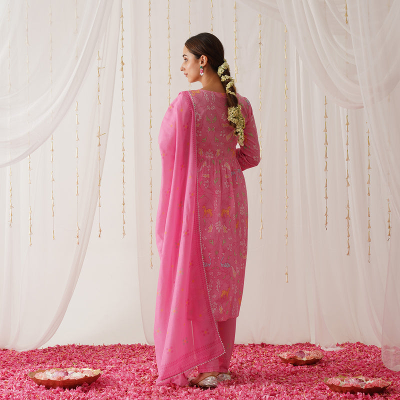 Pink Ikat Inspired Kurta Pant Set with Dupatta