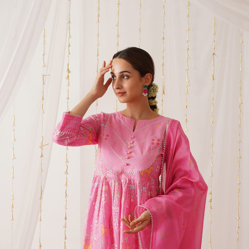 Pink Ikat Inspired Kurta Pant Set with Dupatta