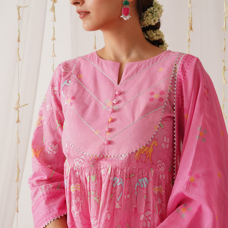 Pink Ikat Inspired Kurta Pant Set with Dupatta