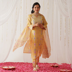 Yellow Yoke Embroidered Kurta Pant Set with Dupatta