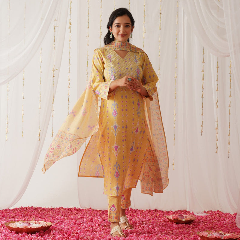Yellow Yoke Embroidered Kurta Pant Set with Dupatta
