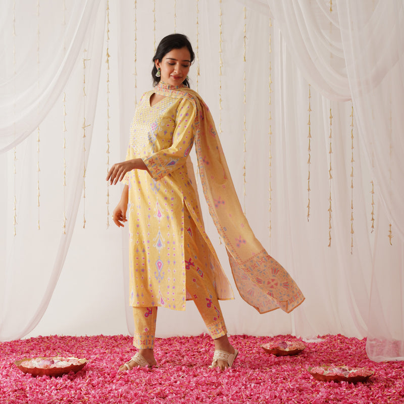 Yellow Yoke Embroidered Kurta Pant Set with Dupatta