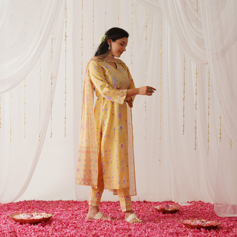 Yellow Yoke Embroidered Kurta Pant Set with Dupatta