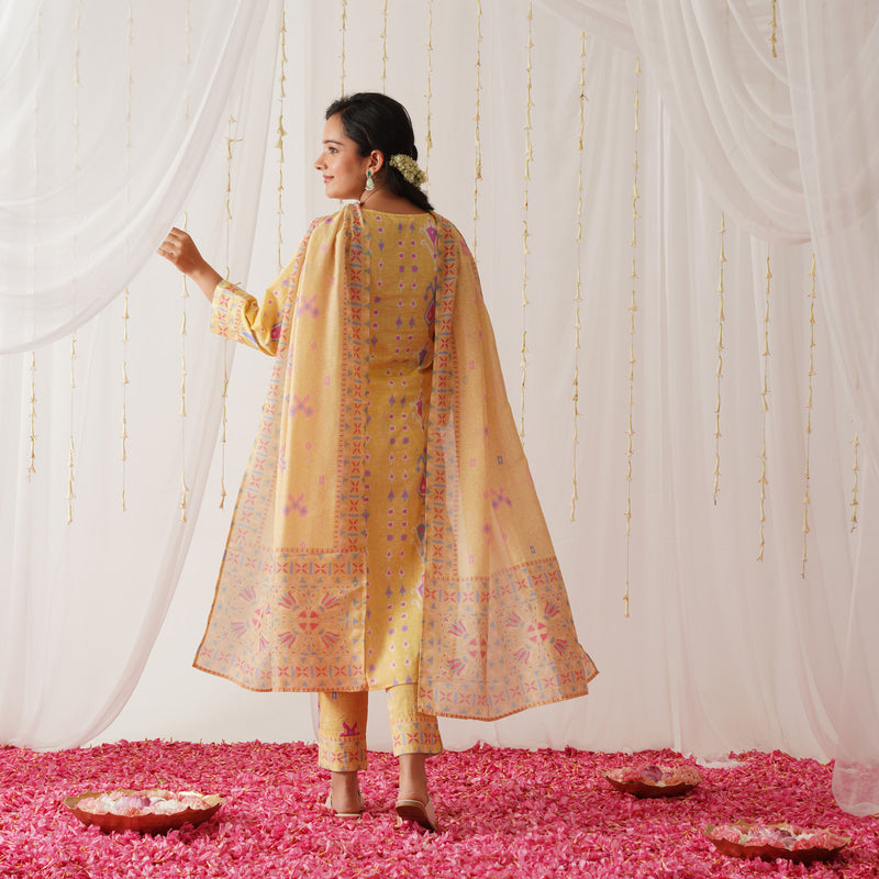 Yellow Yoke Embroidered Kurta Pant Set with Dupatta