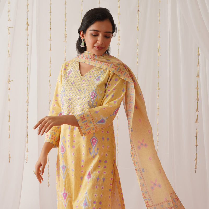 Yellow Yoke Embroidered Kurta Pant Set with Dupatta