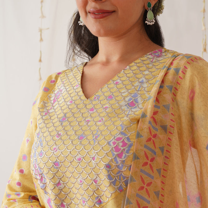 Yellow Yoke Embroidered Kurta Pant Set with Dupatta