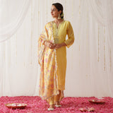 Yellow Embroidered Chanderi Kurta Pant Dupatta Set for Women with Gota Details