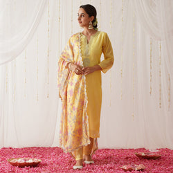 Yellow Embroidered Chanderi Kurta Pant Dupatta Set with Gota Details