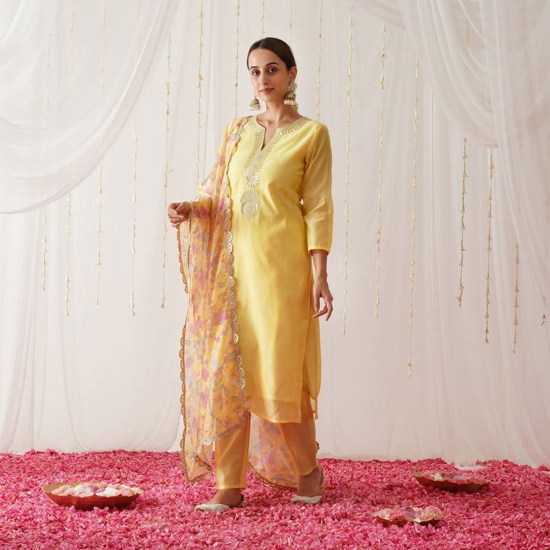 Yellow Embroidered Chanderi Kurta Pant Dupatta Set with Gota Details