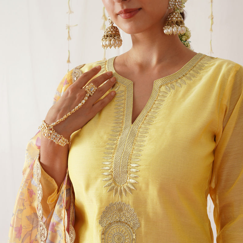Yellow Embroidered Chanderi Kurta Pant Dupatta Set with Gota Details