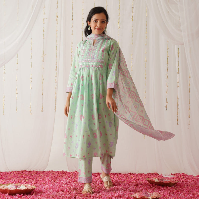 Mint Neck Embroidered Kurta Pant Set with Dupatta