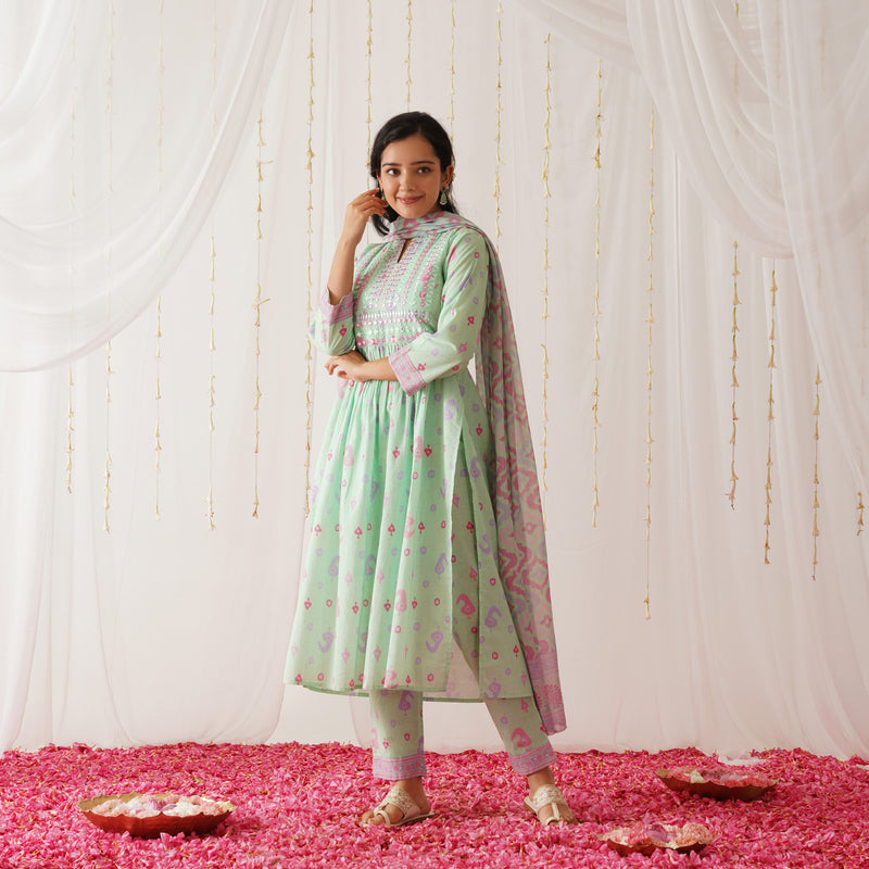 Mint Neck Embroidered Kurta Pant Set with Dupatta