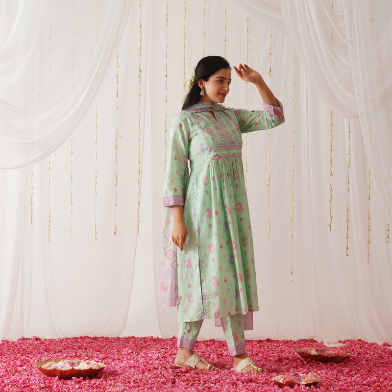 Mint Neck Embroidered Kurta Pant Set with Dupatta