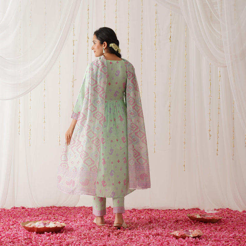 Mint Neck Embroidered Kurta Pant Set with Dupatta