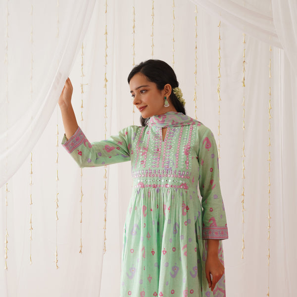 Mint Neck Embroidered Kurta Pant Set with Dupatta