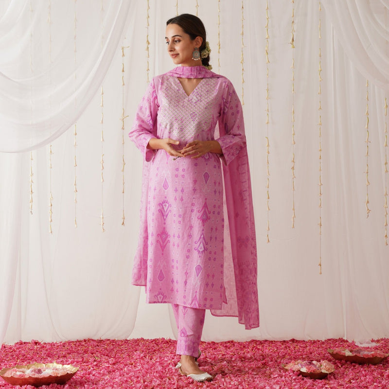 Pink Yoke Embroidered Kurta Pant Set with Dupatta