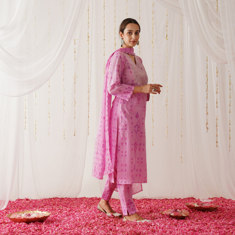 Pink Yoke Embroidered Kurta Pant Set with Dupatta