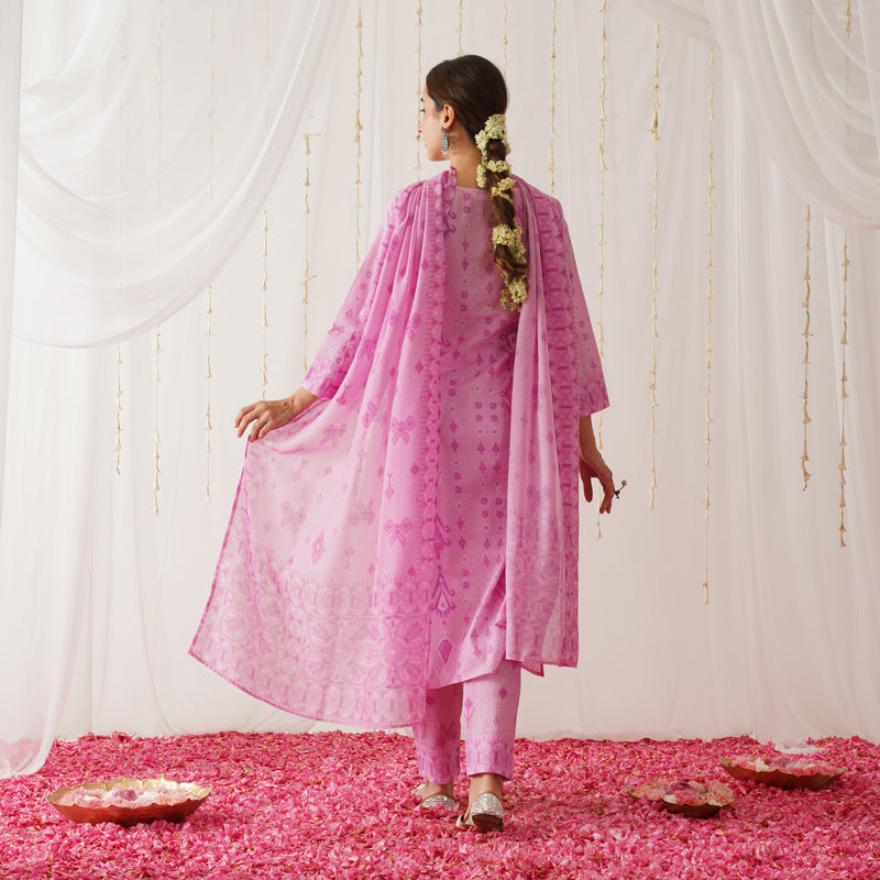 Pink Yoke Embroidered Kurta Pant Set with Dupatta
