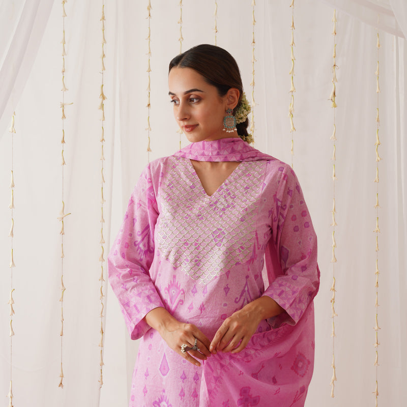Pink Yoke Embroidered Kurta Pant Set with Dupatta
