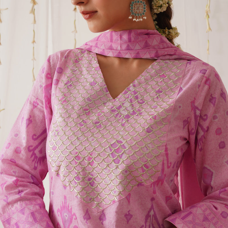 Pink Yoke Embroidered Kurta Pant Set with Dupatta