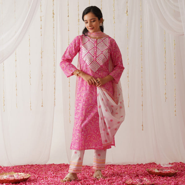 Pink Neck Embroidered Kurta Pant Set with Dupatta