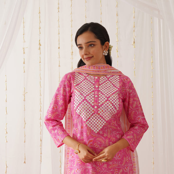 Pink Neck Embroidered Kurta Pant Set with Dupatta