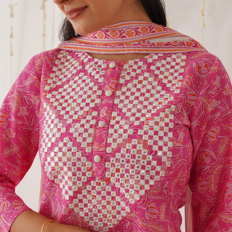 Pink Neck Embroidered Kurta Pant Set with Dupatta