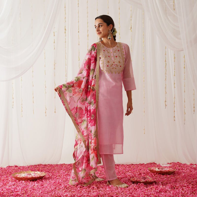 Pink Embroidered Chanderi Kurta Pant Dupatta Set with Gota Details