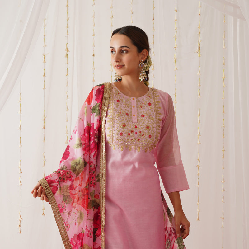 Pink Embroidered Chanderi Kurta Set with Dupatta