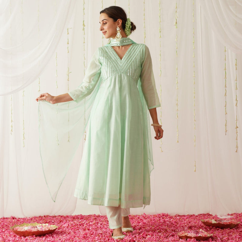 Pastel Green Chanderi Kurta Pant Dupatta Set with Sequins Work