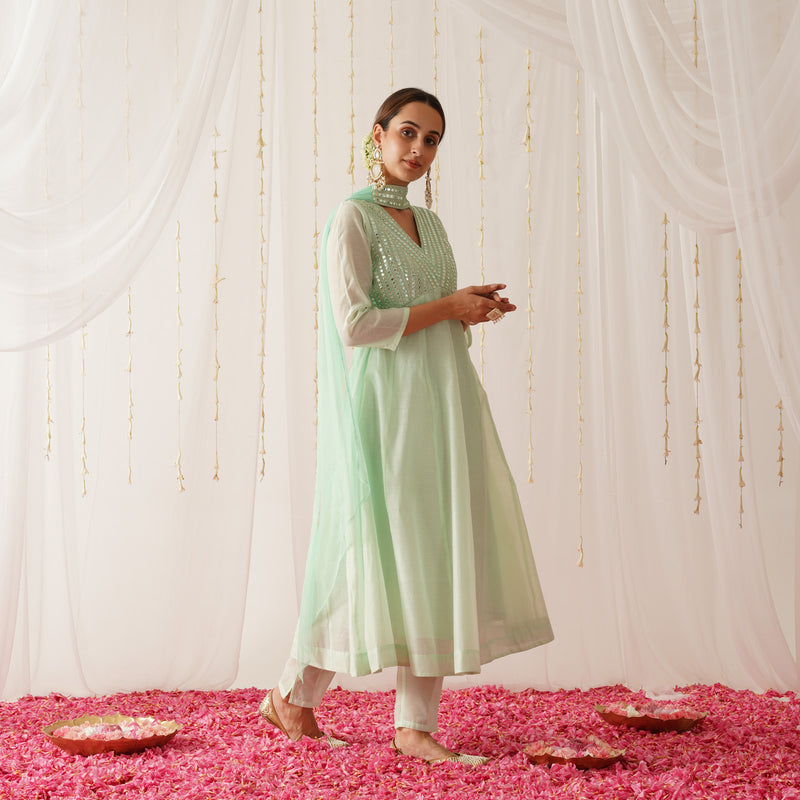 Pastel Green Chanderi Kurta Pant Dupatta Set with Sequins Work