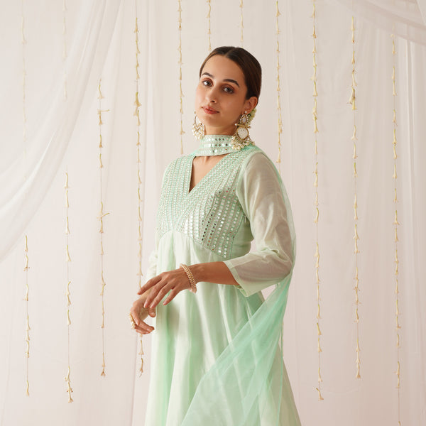 Pastel Green Chanderi Kurta Pant Dupatta Set with Sequins Work