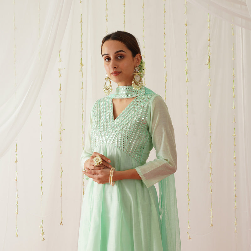 Pastel Green Chanderi Kurta Pant Dupatta Set with Sequins Work