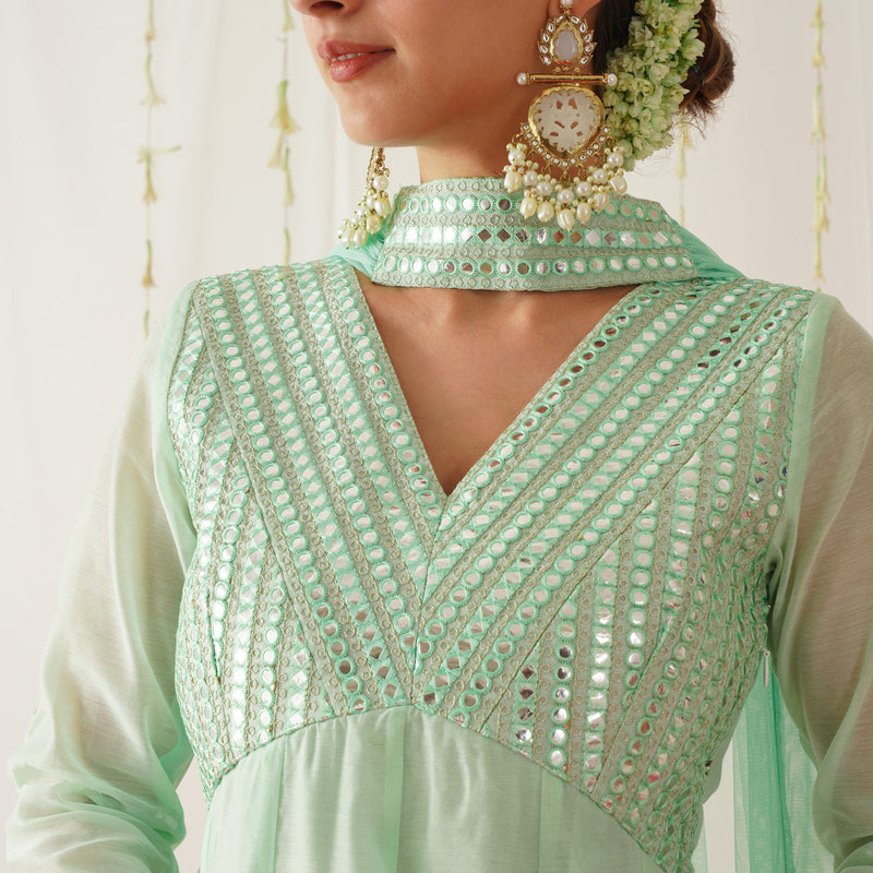 Pastel Green Chanderi Kurta Pant Dupatta Set with Sequins Work