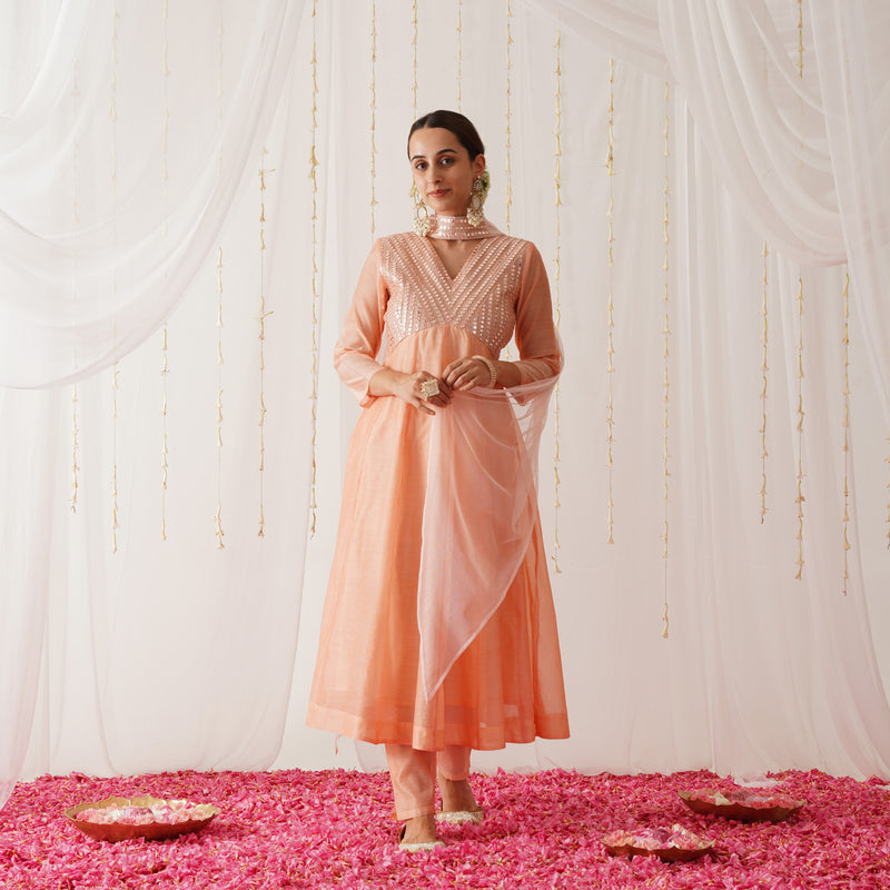Peach Chanderi Kurta Set with Dupatta