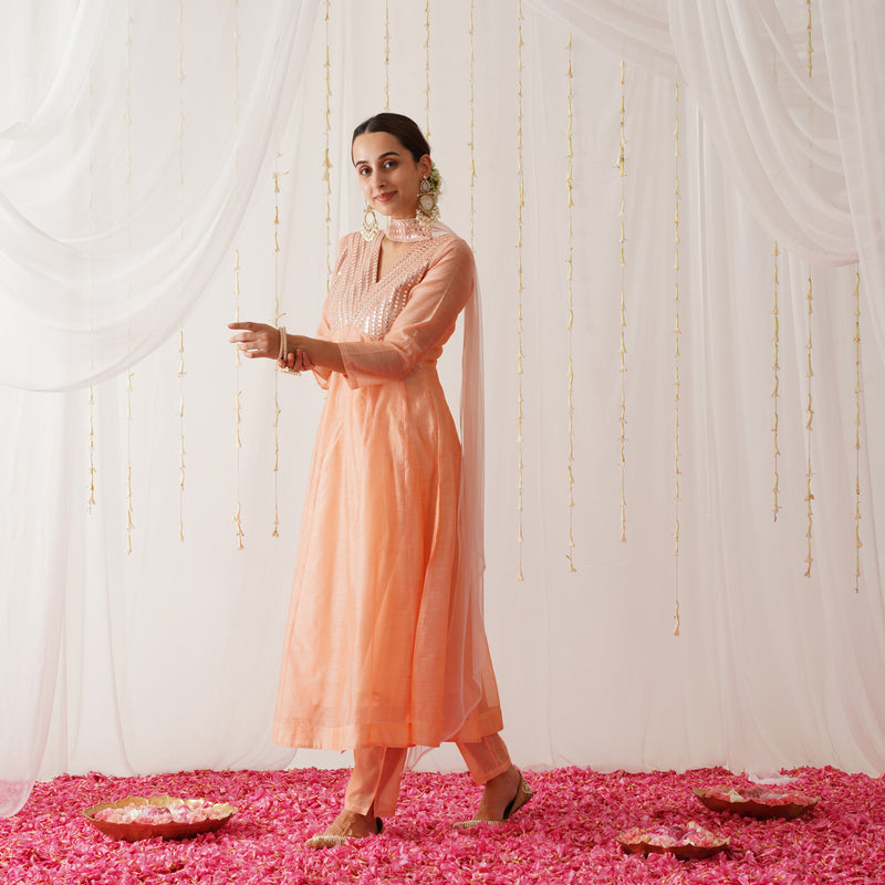 Peach Chanderi Kurta Set with Dupatta
